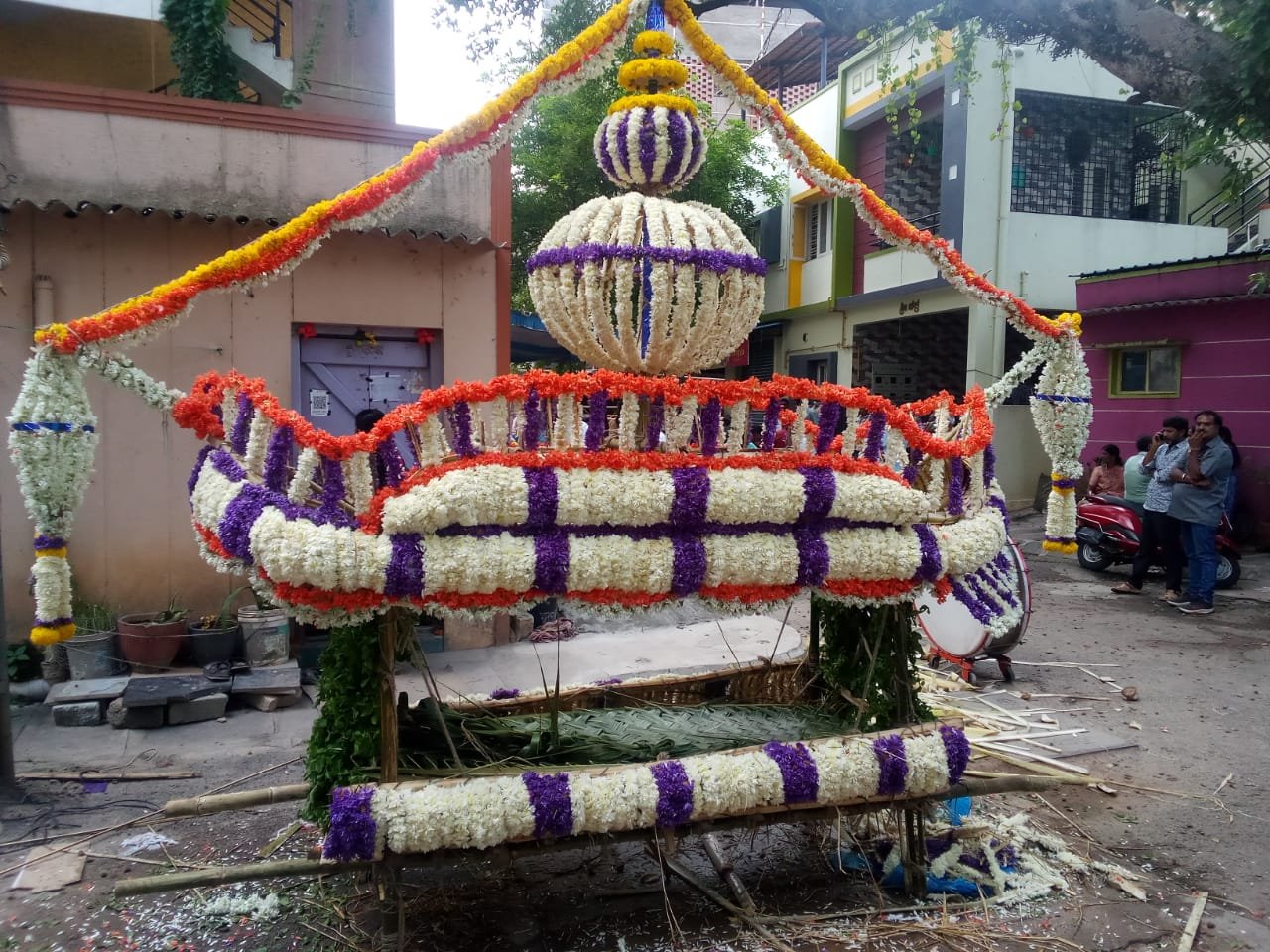 Floral funeral bier and ceremonial flower arrangement prepared for a dignified Indian funeral procession