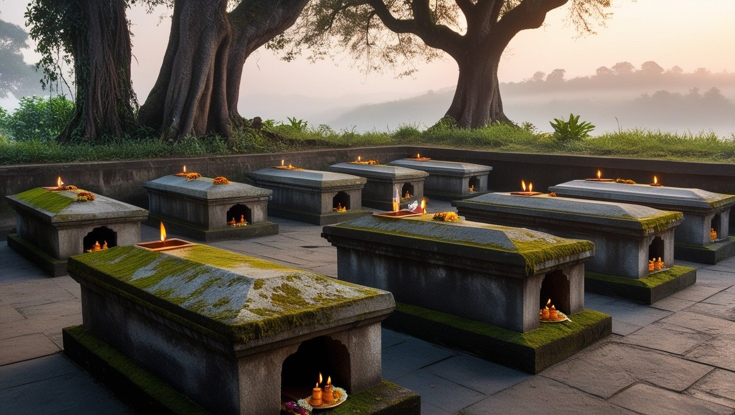 Illustrative artwork depicting a peaceful Hindu burial setting
