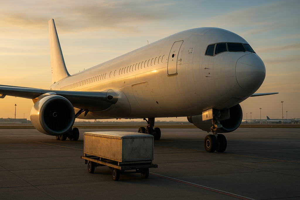 Airplane cargo bay at sunrise with a sealed coffin trolley ready for loading, symbolizing respectful and professional dead body transport by air in India.