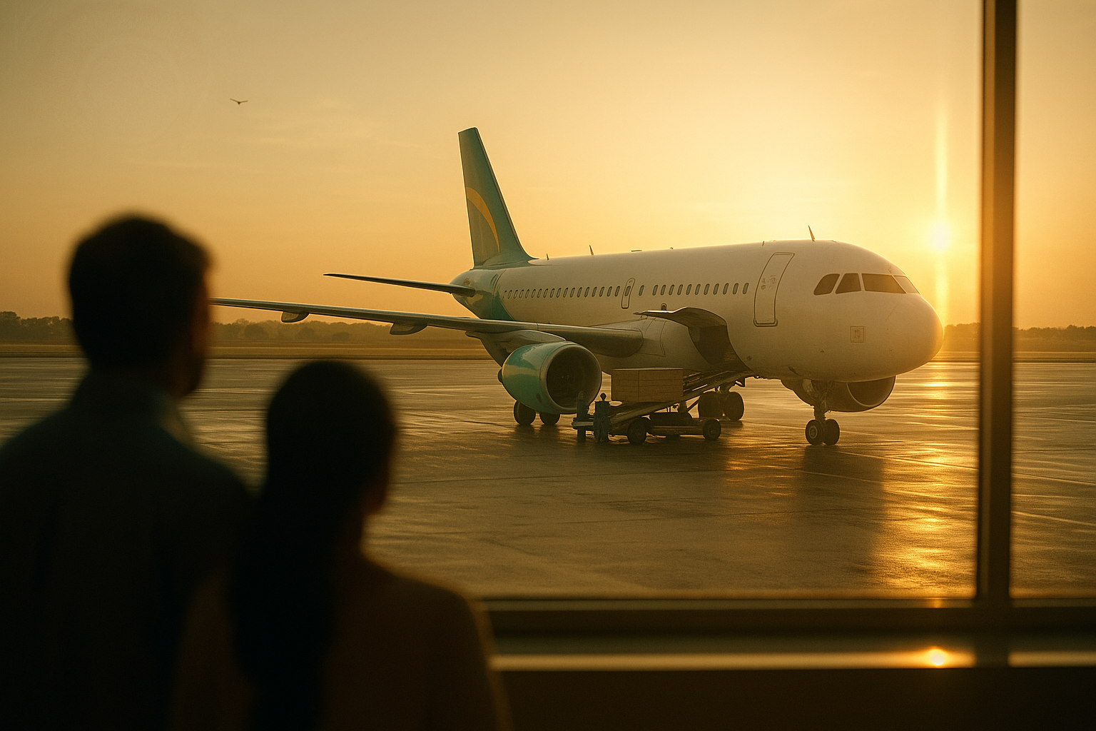 Golden sunset at an Indian airport showing family silhouettes watching as a plane is prepared for dead body air transport, reflecting Swargayatraa’s compassionate service.