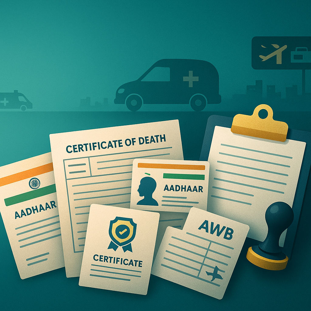 Illustration of coordinator checking MCCD, Aadhaar, police NOC, embalming and coffin certificates for cremation and body transport in India.