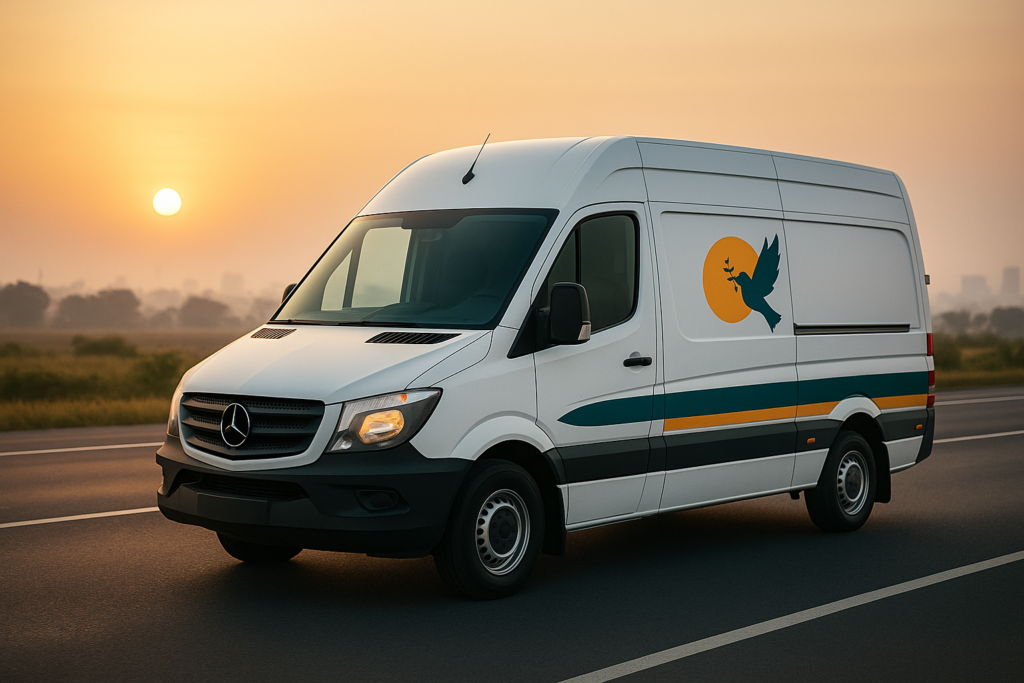 “White hearse van in Swargayatraa teal and gold branding on a highway at sunrise, symbolising dignified dead body transport by road in India.”