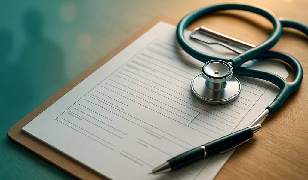Doctor’s medical certificate and stethoscope on home table – MCCD Form 4A guidance after death at home in India