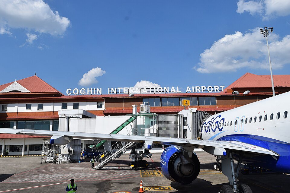 Cochin International Airport terminal building used for onward road transport planning across central Kerala