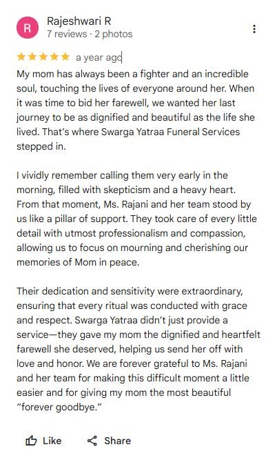 Google review screenshot from Rajeshwari R describing dignified funeral rituals and compassionate support for her mother's farewell