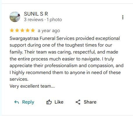 Google review screenshot from Sunil S R describing Swargayatraa as caring, respectful and professional during funeral arrangements