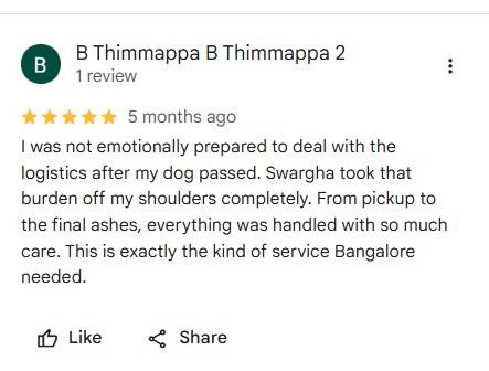 Google review screenshot from B Thimmappa describing compassionate end-to-end handling from pickup through final ashes