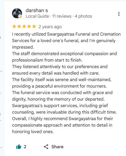 Google review screenshot from Darshan S praising compassionate and professional funeral and cremation support from start to finish