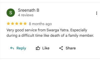 Google review screenshot from Sreenath B thanking Swargayatraa for support during the death of a family member