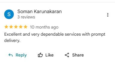 Google review screenshot from Soman Karunakaran describing Swargayatraa as dependable and prompt