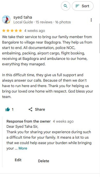 Google review screenshot from Syed Taha describing Bangalore-to-Bagdogra air transportation with documentation, police NOC, embalming, packing, airport cargo, flight booking and destination ambulance coordination